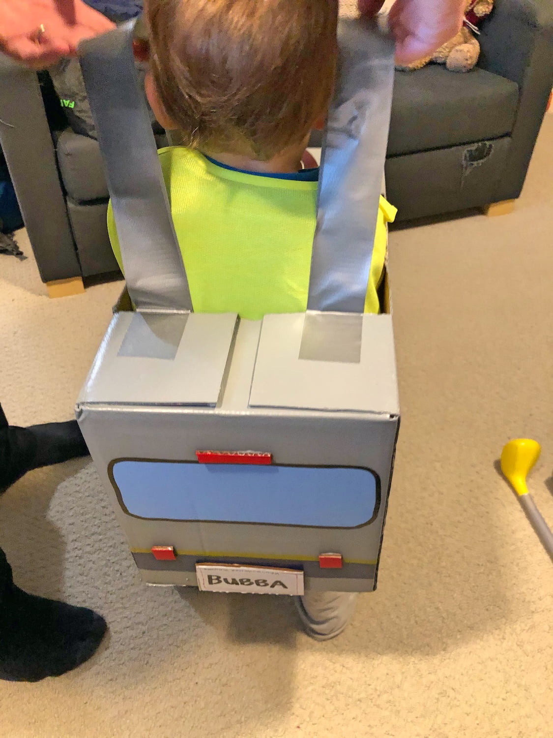 Toddler in a Home Made Bus Costume
